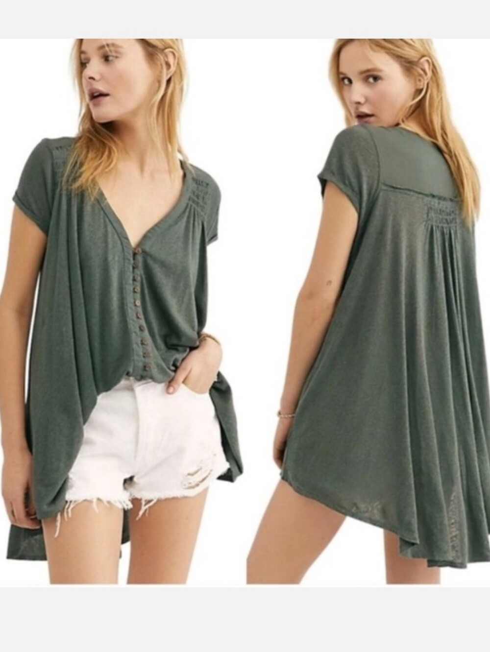 Free People Oversized Highland Tee T Shirt Button Front Army Green M